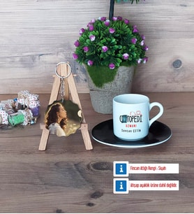 Ortopedi Uzmanı Türk Kahvesi Fincanı Ahşap Altlıklı ve Fotoğraflı Ahşap Anahtarlık Hediye (Model 7)