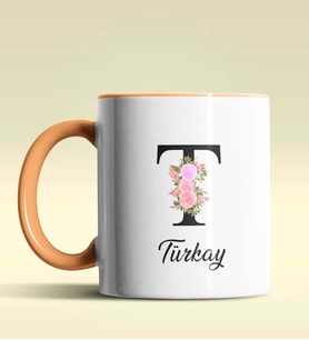 Kişiye Özel T Harfi Temalı Çiçekli Tasarım Siyah Renk Kupa (Turuncu)