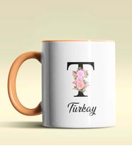 Kişiye Özel T Harfi Temalı Çiçekli Tasarım Siyah Renk Kupa (Turuncu)