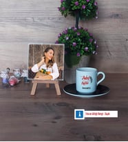 Zabıt Katibi Fotoğraflı Dekoratif Taş, Ahşap Altlıklı Türk Kahvesi Fincanı Hediye (Model 7)