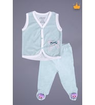 Babyhola Kadife Yelek Patikli Pantolon Unisex Bebek 2'li Set Yeşil (Mor)