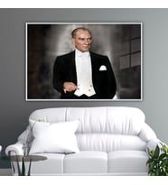Metal Çerçeveli Yatay Cam Ofis Duvar Tablosu Kemal Atatürk (Gümüş)