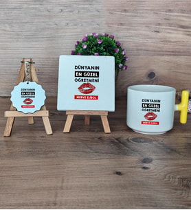 Dünyanın En Güzel Öğretmeni Hediye Seti Kupa Bardak T Kulplu, Dekoratif Taş, Anahtarlık Öğretmenler Günü Hediyesi (Model 5)