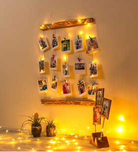 Kişiye Özel 12 Fotoğraflı Mandallı Jüt İpli 3 Mt Led Işıklı Masif Ahşap Fotoğraf Çerçeve Askısı (Kahverengi)