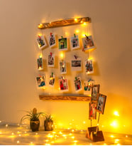 Kişiye Özel 12 Fotoğraflı Mandallı Jüt İpli 3 Mt Led Işıklı Masif Ahşap Fotoğraf Çerçeve Askısı (Kahverengi)