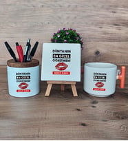 Dünyanın En Güzel Öğretmeni Hediye Sepeti Kupa Bardak T Kulplu, Kalemlik ve Dekoratif Taş Öğretmenler Günü Hediyesi (Model 7)