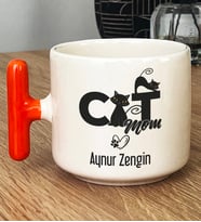 Kişiye Özel Cat Mom Hediye T Kupa Bardak Kedi Annesi -5- (Turuncu)