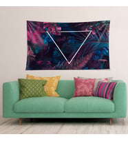 Renkli Tropikal Yaprak Üçgenli Leke Tutmaz Kadife Dokulu Kumaş Duvar Örtüsü Duvar Halısı Tapestry (Lacivert-Pembe)