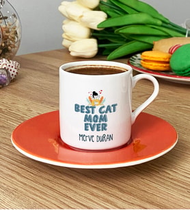 Kişiye Özel Best Cat Mom Ever Türk Kahvesi Fincanı En İyi Kedi Annesi (Turuncu)