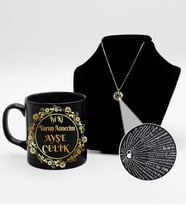 Anneler Gününe Özel Gol-Gümüş Baskılı Siyah Kupa Bardak & Gold Kaplama 100 Dilde Seni Seviyorum Kolye Hediye Seti (Model 2)