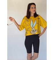 Kadın Bugs Bunny Taş Süslemeli Kısa T-Shirt (Hardal)