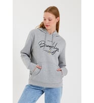 Kadın Kapşonlu  Oversize Fit El Yazılı Brooklyn Baskılı İnce Sweatshirt SPR23SWk361 ( Gri-Melanj)