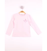 Toontoy Kız Çocuk Göğsü Çiçek Nakışlı T-Shirt (Açık Pembe)