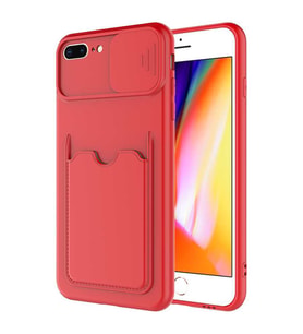 Apple iPhone 7 Plus Kılıf ​Deri Görünümlü Kartlıklı Kamera Koruma (Kırmızı)