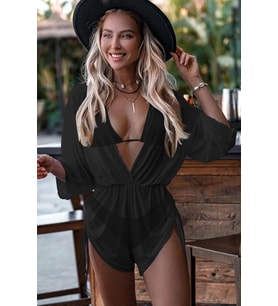 Angelsin Şifon Pareo Plaj Elbesi Cover Up Kimono (Siyah)