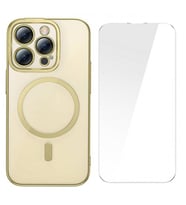 Baseus Glitter iPhone 14 Pro Max 6.7 Magsafe Silikon Kilif + Tempered Ekran Koruyucu Set (Gold)