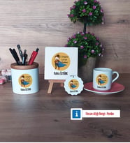 Öğretmenler Günü Hediyesi Hediye Seti Dekoratif Taş, Kalemlik, Ahşap Altlıklı Türk Kahvesi Fincanı, Ahşap Anahtarlık Hediye (Model 6)