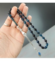 Sertifikalı Arpa Kesim Ateş Kehribar Tesbih (Mavi-Siyah)