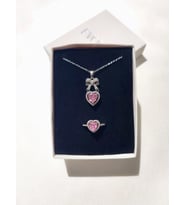 Kadın Çelik Kurdele Kalpli Pandora Kolye ve Yüzük Seti (Pembe)