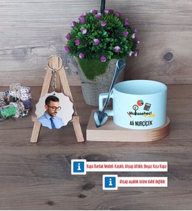 Muhasebeci Kupa Bardak Beyaz ve Fotoğraflı Ahşap Anahtarlık Hediye (Model 8)