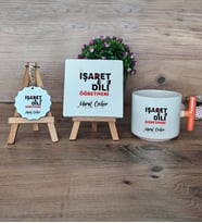 İşaret Dili Öğretmeni Hediye Seti Kupa Bardak T Kulplu, Dekoratif Taş, Anahtarlık Öğretmenler Günü Hediyesi (Model 7)
