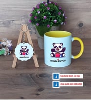 Sevimli Panda Kupa Bardak Kırmızı ve Ahşap Anahtarlık Hediye (Model 6)