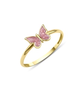 14 Ayar Altın Pembe Mineli Kelebek Yüzük (Sarı)