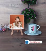 Anneye Hediye Fotoğraflı Dekoratif Taş, Ahşap Altlıklı Türk Kahvesi Fincanı Hediye (Model 2)