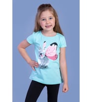 Toontoy Kız Çocuk Tavşan Baskılı Pul İşlemeli Tişört (Mint Yeşili)