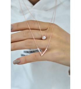 Papatya Silver 925 Ayar Gümüş Tektaş ve Üçgen Asansör Kolye (Rose)