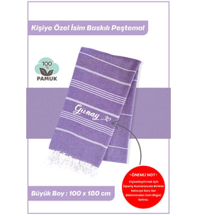 giftcrea Kişiselleştirilebilir İsim Baskılı Peştemal Yerli Pamuk 100x180cm (XL) Peştamal ve Plaj Havlusu (Mor)