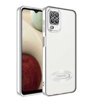 Samsung Galaxy A12 Kılıf Case, Logo Showing Serisi, Şeffaf, Kamera Korumalı, Logo Gösteren Renkli Çizgi Tasarım (Gümüş)