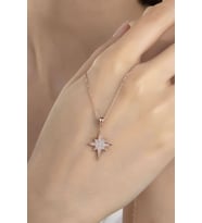 Kadın Orjinal 925 Ayar Gümüş Zirkon Taşlı Kutup Yıldız Model Kolye (Rose)
