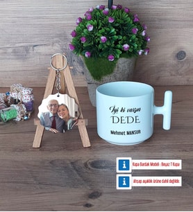 Dedeye Hediye Kupa Bardak Beyaz ve Fotoğraflı Ahşap Anahtarlık Hediye (Model 12)