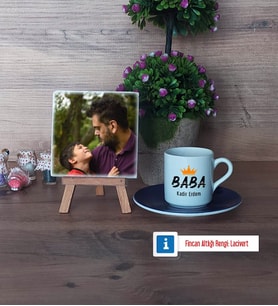 Babalar Günü Hediyesi Fotoğraflı Dekoratif Taş, Ahşap Altlıklı Türk Kahvesi Fincanı HediyeBabaya Hediye (Model 4)