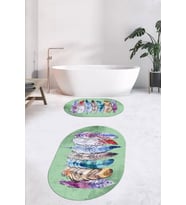 EVDEYA Dijital Yıkanabilir Renkli Etnik Yaprak Desen İkili Banyo Halısı Oval Klozet Takımı, OKLOZET-25-GRİ, (Yeşil)