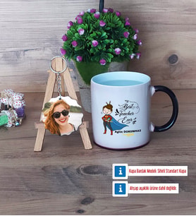 Kadın Öğretmene Hediye Kupa Bardak Beyaz ve Fotoğraflı Ahşap Anahtarlık Hediye (Model 9)