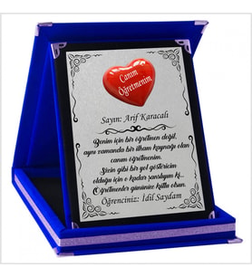 Kişiye Özel Kalp Tasarımlı Öğretmen 5 Temalı Kırmızı Plaket (Gümüş-Lacivert)