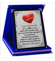 Kişiye Özel Kalp Tasarımlı Öğretmen 5 Temalı Kırmızı Plaket (Gümüş-Lacivert)