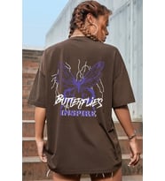 Unisex Butterfly & Letter Graphic Tasarım Tshirt (Kahverengi)