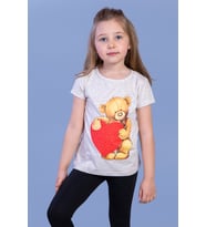 Toontoy Kız Çocuk Kalpli Ayıcık Baskılı Taş İşlemeli Tişört (Kahve Melanj)