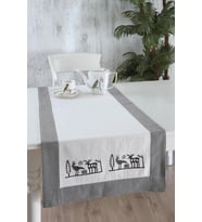 Buldan Keteni Bordürlü Taş Baskılı Etnik Desenli Runner (Antrasit)
