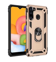Samsung Galaxy A21 Uyumlu Kılıf Standlı Manyetik Yüzüklü Military Magnetic Ring Polycarbonate and TPU Case (Gold)