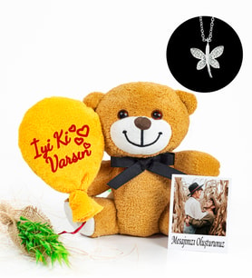 25 cm Çiçek Ayı & Altın Kaplama Melek Kolye ve Love Çerçeve (Model 2)