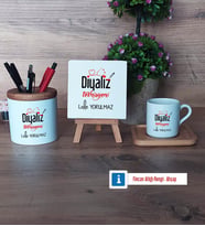 Diyaliz Teknisyeni Hediye Seti Dekoratif Taş, Kalemlik, Ahşap Altlıklı Türk Kahvesi Fincanı Hediye Diyaliz Teknisyenine Hediye (Model 1)