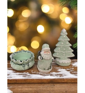 El Boyaması Rustik Noel Baba, Çam Ağacı ve Şekerlik Dekoratif Yılbaşı Hediyelik Set (Yeşil)