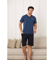 Erkek V Yaka Düğmesiz Likralı Penye Kısa Kol Cepli Şortlu Pijama Takımı (Mavi)