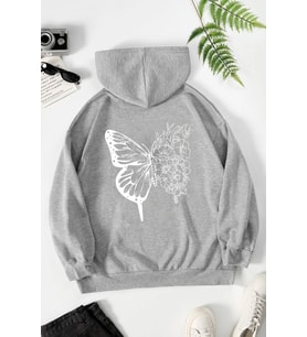 Unisex Drawing Butterflies Sırt Baskılı Sweatshirt (Gri)