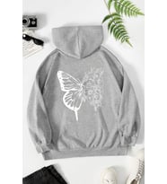 Unisex Drawing Butterflies Sırt Baskılı Sweatshirt (Gri)