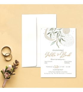 Davetiye Zarf ve Baskı Dahil (Beyaz yada Kraft Zarflı) - Yeşil Çİçekli Kına, Nişan, Nikah, Düğün Davetiyesi (Beyaz)